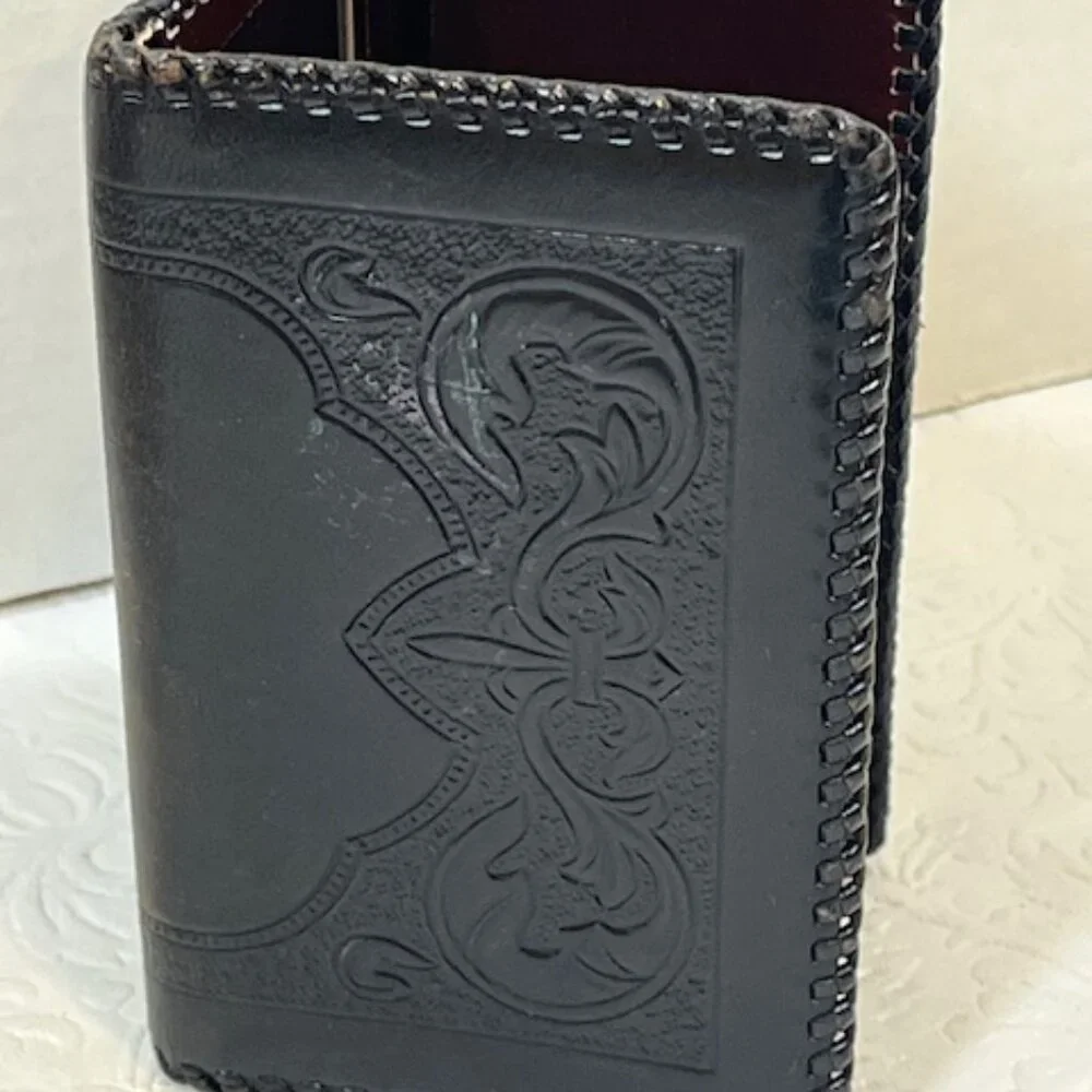 VTG Black Leather Trifold Tooled Stitched Wallet